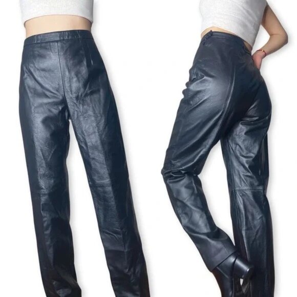 CLIO 100% Genuine Leather Straight-Leg Trousers Fully Lined | Size 8 (M-L) EUC - Picture 1 of 10